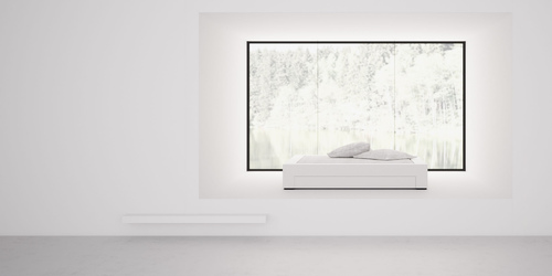 500x250 bett mit bettkasten flach weiss minimal puristisch reduziert modern minimalistisch rechteck felix schwake