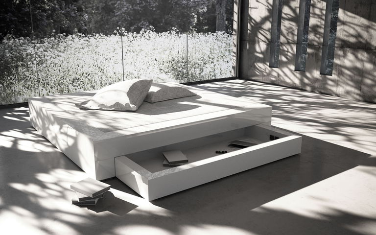 Bett mit Schubkästen im Bauhausstil