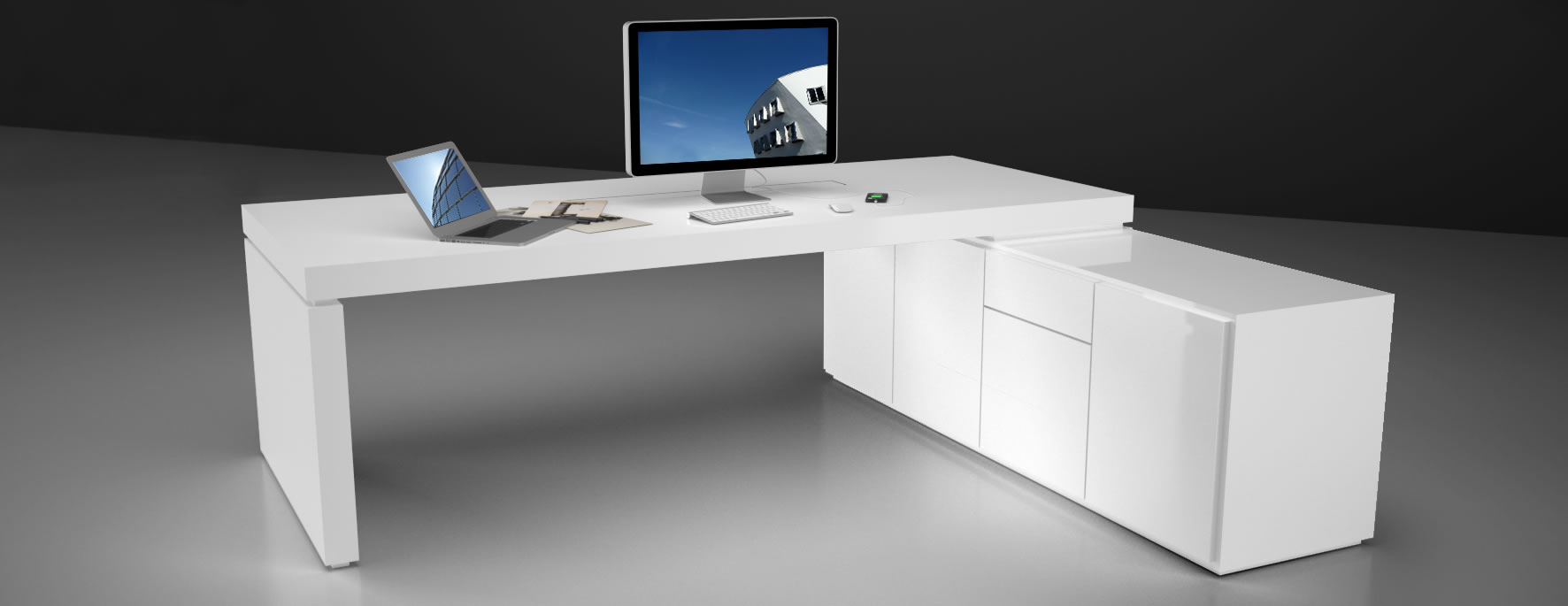 Schreibtisch mit Sideboard in weiß