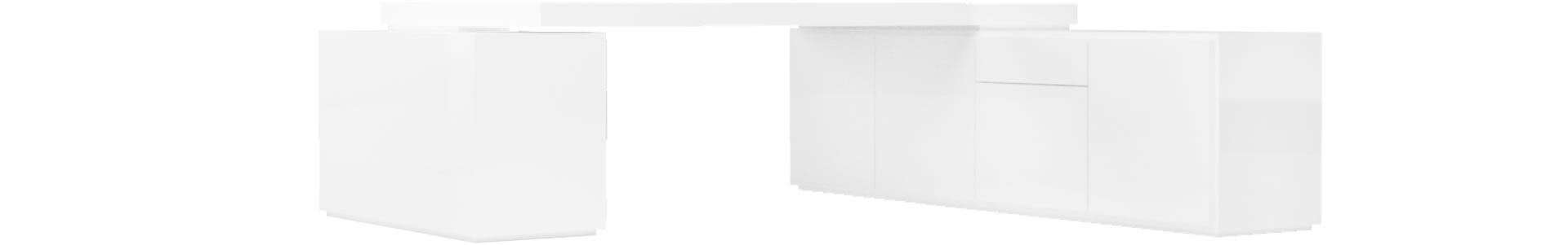Schreibtisch in weißem Hochglanzlack und mit 2 Sideboards
